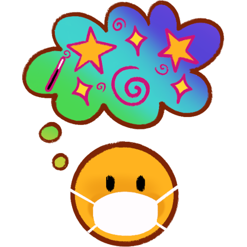 a head wearing a white mask, above it is a thought bubble containing a wand, stars, and swirls, all with pink outlines. The interior of the thought bubble is multicoloured.
